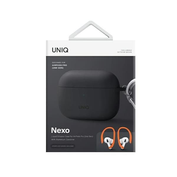 Fodral - UNIQ - AirPods Pro (2:a generationen) - Silikon - Grå/Kol - Med öronkrokar grå/kolfärgad