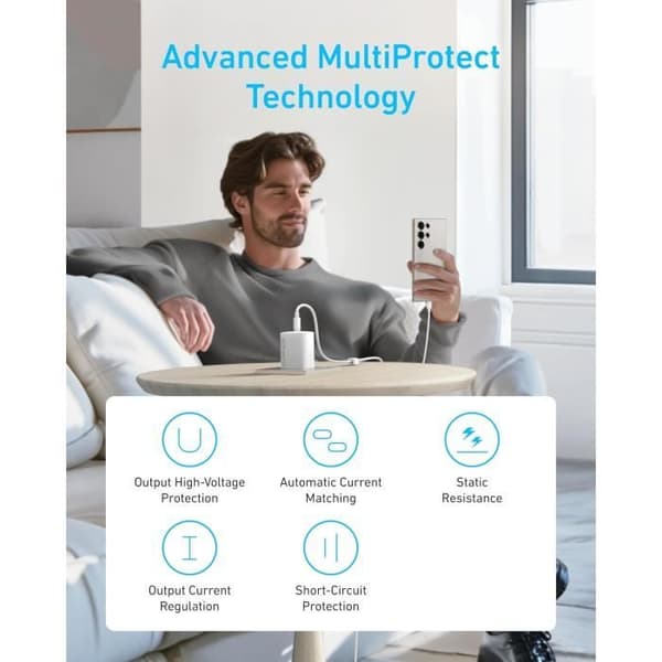Anker 45W USB-C Snabbladdare PPS - 1,5 m Kabel, MultiProtect, Kompatibel med Samsung S24/S23/iPhone/Pixel Vit