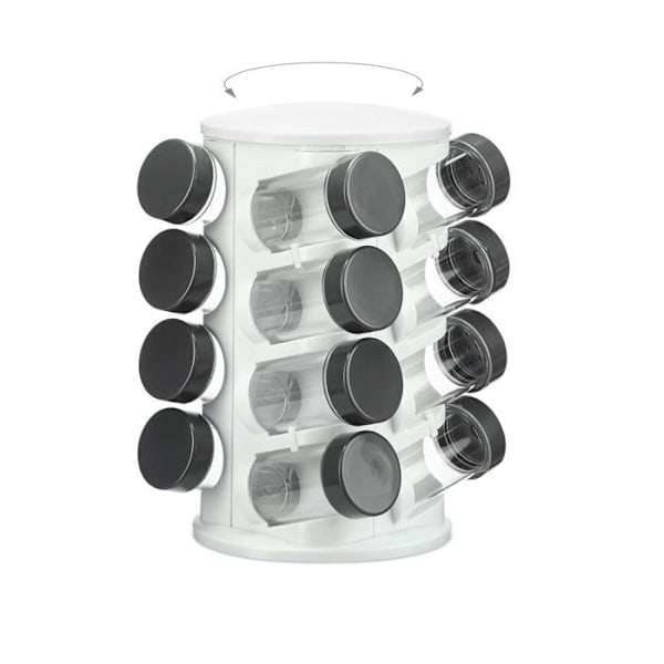 Relaxdays kryddkarusell 16 akrylglasburkar, örtkryddskärm i plast, roterbar, vit vit, transparent, svart