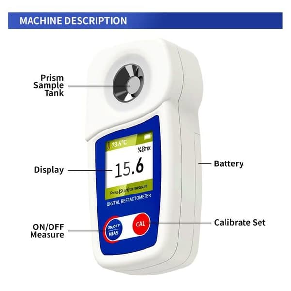 FlagFront digital Brix-refraktometer 0–55% ±0,1% med automatisk temperaturkompensation, IP58