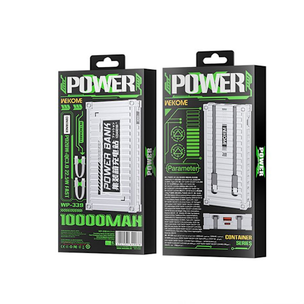 339 Container Series WEKOME WPPower bank 10 000 mAh Super Charging med USB-C och Lightning PD 20 W inbyggd + QC 22,5 W (Silver)