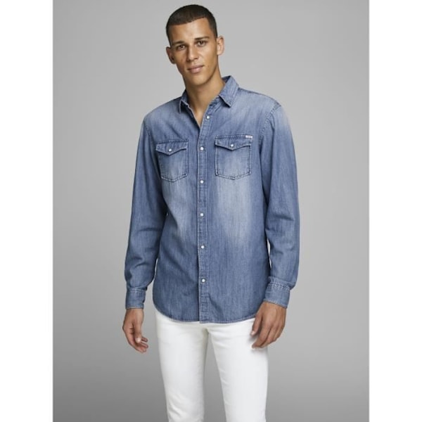 Denimskjorta herr - JACK & JONES - Medium Blue Denim - Långa ärmar - Skjortkrage - Vanlig Blå jag