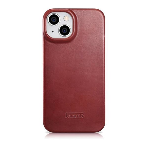 Högkvalitativt bordeaux läderfodral för iPhone 14 Plus med magnetisk lucka MagSafe och CE-certifiering.