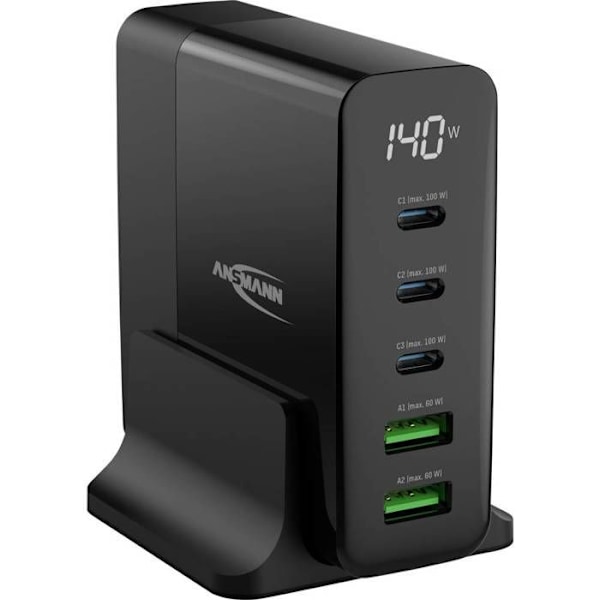 Ansmann Desktop Ladegerät med Display DC5140PD 140W USB-laddare 140 W inomhus-USB, USB-C® Nr. av utgångar: 5 x Svart