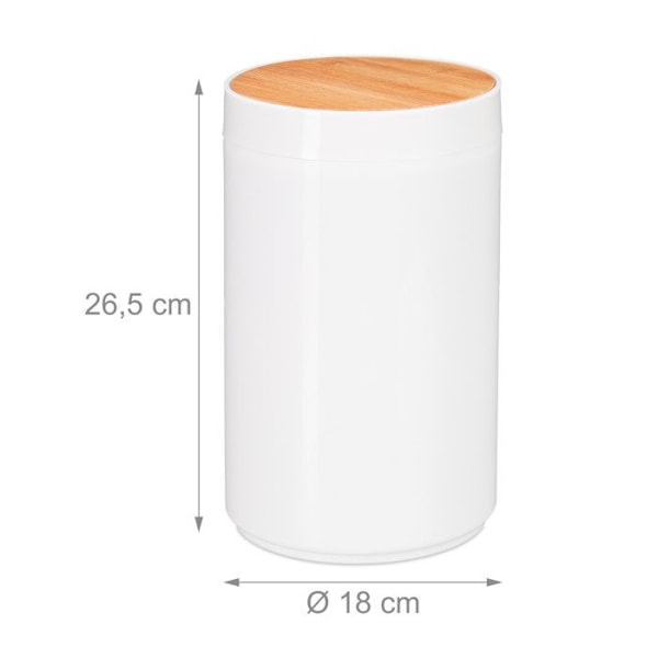 Relaxdays papperskorg badrum 5l, svängande lock i bambu, modern, plast, 5,5 L, H x D 26,5 x 18 cm, vit vit, ljusbrun