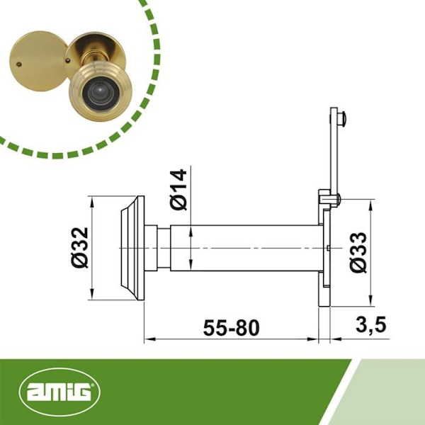 Titthål - dörröga Amig - 21365 - 50 UL - Titthål 50 - 14 L55 - 80 Mässing UL