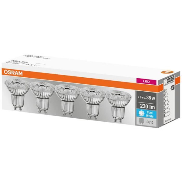 OSRAM - LED SPOT PAR16 36° 2,6W=35 GU10 kall - Set om 5 Krom