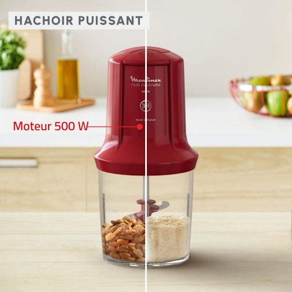 MOULINEX Multimoulinette Mini elektrisk hackare, 500 ml, 6 blad i rostfritt stål, 2 hastigheter, Blender, Tillverkad i Frankrike AT714G32 rubinröd