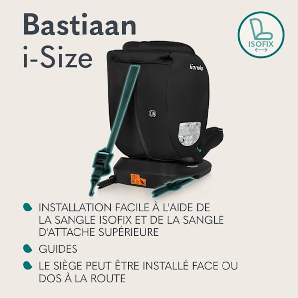 Evolutionsbart stol 40-150 cm LIONELO Bastiaan i-Size - 360° svängbar bas - ISOFIX - Från 0 till 36 kg - Grupp 0/1/2/3 - Svart Svart grå