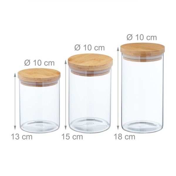 Relaxdays Set med 6 glasburkar med bambulock, 650 ml, 800 ml och 1 l, lufttät, transparent/naturlig transparent, ljusbrun