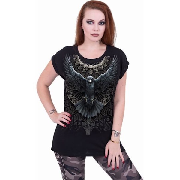 T-shirt Dam - Spiral - Raven Skull - 100% Bomull - Kortärmad - Svart Svart S