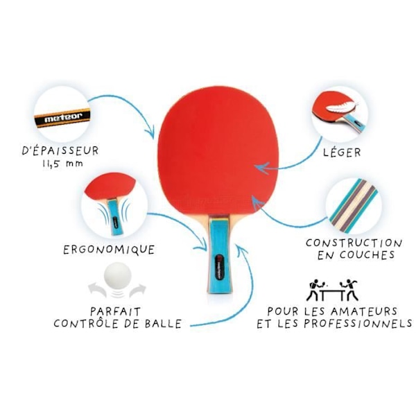 Set av Ping Pong-racketer - meteor - Zephyr - 2 racketer - 3 bollar - Professionell Svart röd