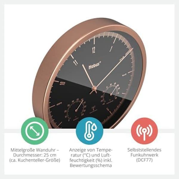 Väggklocka - MEBUS - TinyTime 1978 - Radiostyrd - Tyst - Termometer och Hygrometer Svart Koppar