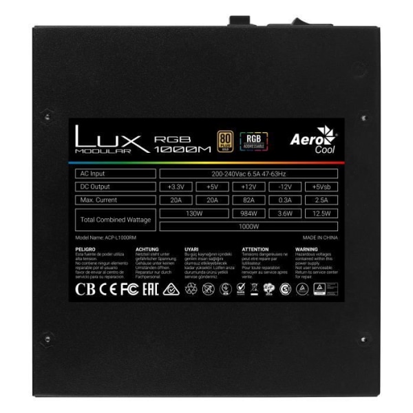Aerocool LUXRGB1000M - 1000W Modulär RGB-strömförsörjning - 80Plus Guld 90 % effektivitet