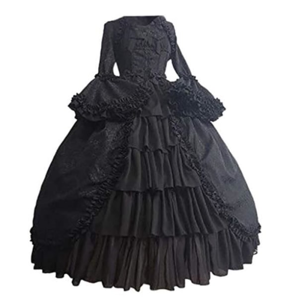 KCZZI klänning medeltida klänning, vintage långärmad klänning med utsvängda ärmar fyrkantig hals bowknut volang veckad fåll princess rob Svart 40