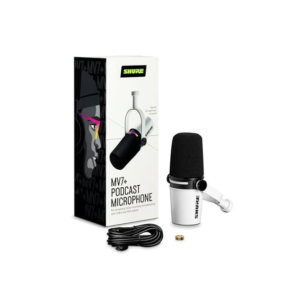 Mikrofon USB - SHURE - MV7+-W - Dynamisk - Dubbelanslutning - LED-pekskärm Vit