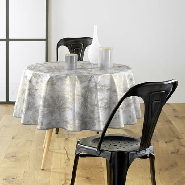 Rund duk Ø160 cm PVC tryckt – Kantavslutning – Metalliserad Coconut Grå Grå
