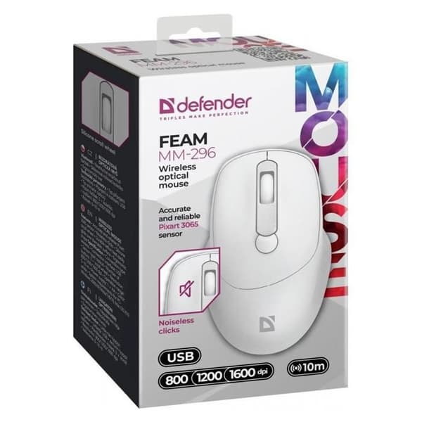 Trådlös mus - DEFENDER - FEAM MM-296 - tyst - 1600 dpi - vit
