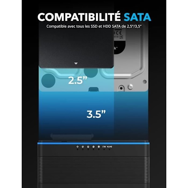 SABRENT 2 i 1 SSD/HDD SATA 2,5/3,5 och M.2 NVMe till USB 3.2, USB-C Hårddiskstation, Extern Hårddisklåda