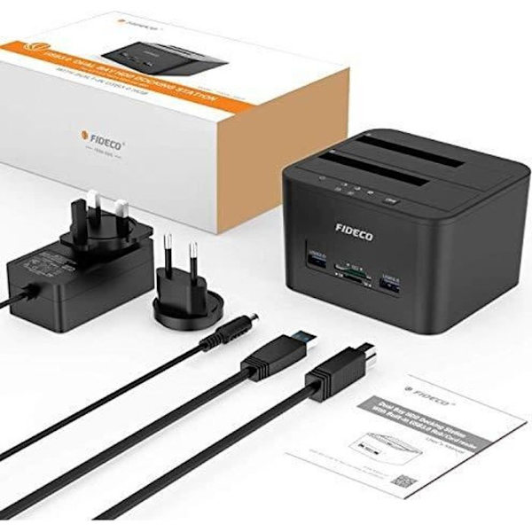 Dockningsstation, FIDECO Dockningsstation för 2 SATA USB 3.0-hårddiskar Klonfunktion 2,5 tum och 3,5 tum HD-hårddisk