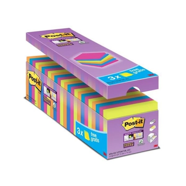 POST-IT-fack med 24 Super Sticky anteckningar - Blandade färger Blandad