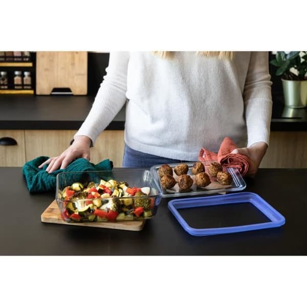 Set med 3 Förvaringslådor med lock - PYREX - Zero Plastic - Glas - Rektangulär - 0,8/1,5/2,6 L klar och blå