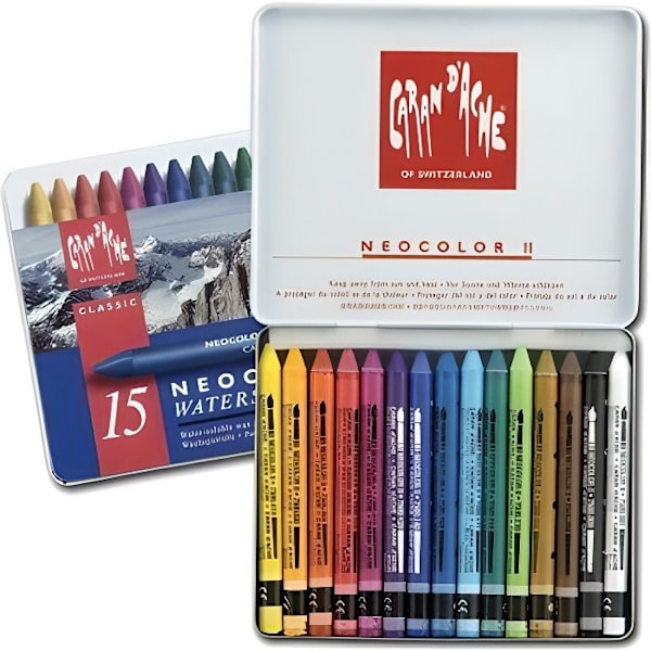 Färgpennor - Caran d'Ache - Neocolor II - Ask med 15 - Vattenlösliga pasteller - Multikolor Olika färger i lådan med 15 färgpen