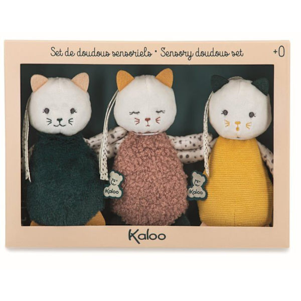 Doudous sensoriska - Kaloo - K971600 - 3 kattungar - Olika material - Sensorisk utveckling Milda och moderna färger