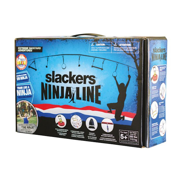 Slackers - Ninja Line Lärande Set | 11 meter bana med 7 hängande tillbehör - Rem som kan användas som Slackline Flerfärgad