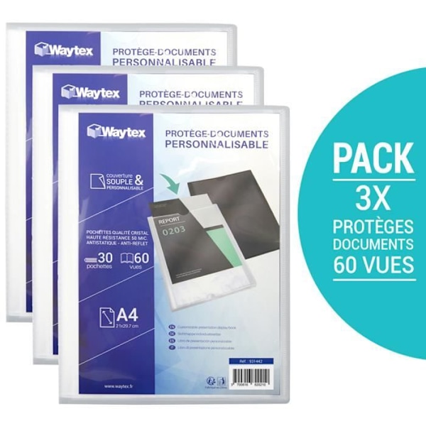 Set med 3 anpassningsbara A4-dokumentskydd - WAYTEX - 931442P - 60 visningar - Transparent polypro-fodral Transparent