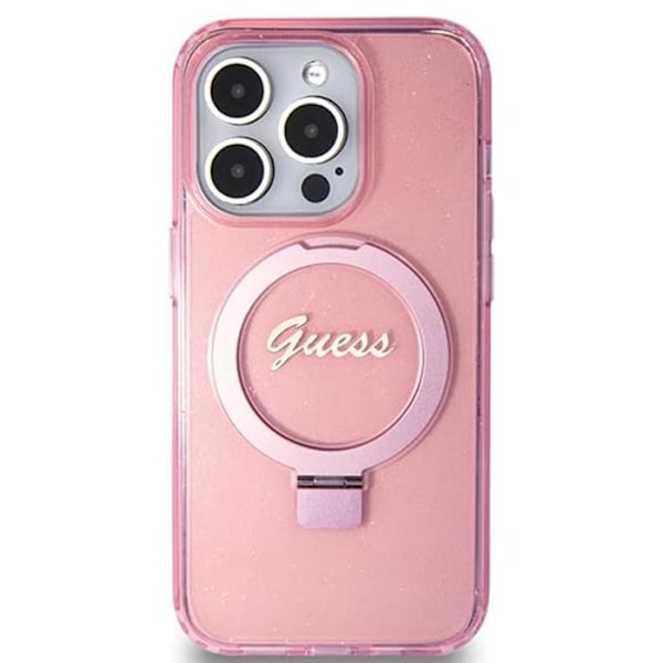 Coque för iPhone 15 Pro Max - Guess Ring Stand Script Glitter MagSafe (GUHMP15XHRSGSP) - Rosa