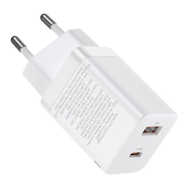 Laddare med dubbla utgångar USB-A/USB-C 30W QC3.0 Super Si Pro Edition Baseus Vit Vit