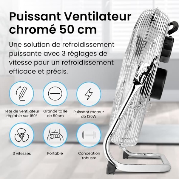 Chrome Pro Breeze 50 cm golvfläkt - gym/verkstad/garagestil - med 3 hastigheter och justerbart fläkthuvud