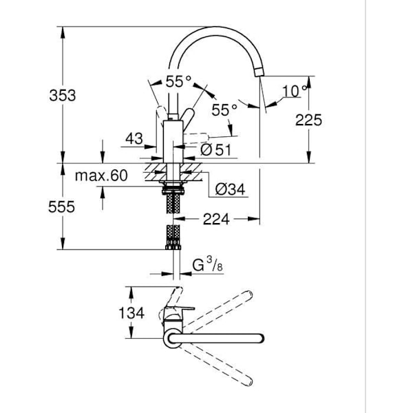 Köksblandare - GROHE Get - Krom - C-pip - Hög pip - 150° rotation Krom