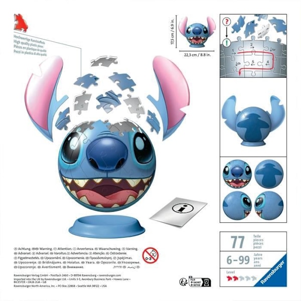 3D Ball Disney Stitch Puzzle 72 bitar, från 6 år och uppåt, Ravensburger, 11574 Flerfärgad