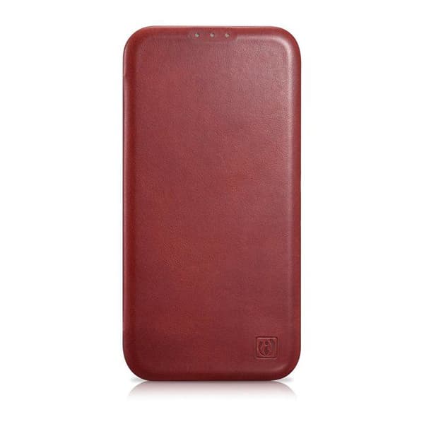 Högkvalitativt bordeaux läderfodral för iPhone 14 Plus med magnetisk lucka MagSafe och CE-certifiering.