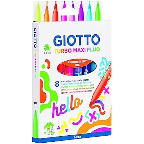 Färgpennor - GIOTTO - Turbo Maxi Fluo - 8 Färger - Spets 5 mm - Tvättbara med vatten mångfärgad