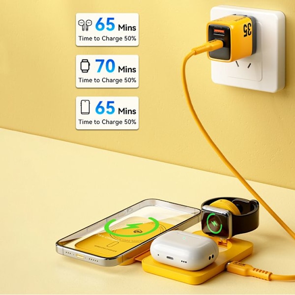 WEKOME WP-U172 - Trådlös 3-i-1 laddare med MagSafe för iPhone, Apple Watch och AirPods + Spegel (Gul)