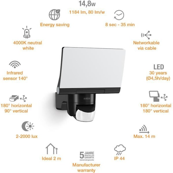 STEINEL - Utomhusstrålkastare med sensor - XLED Home 2 S - 13,7W 3000K IP44 - Svart Svart
