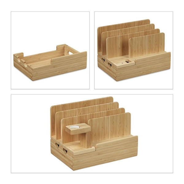 Relaxdays laddningsstation, smartklocka, bambu, HxLxB: 15 x 21,5 x 15 cm, stöd, för bord, natur Vit