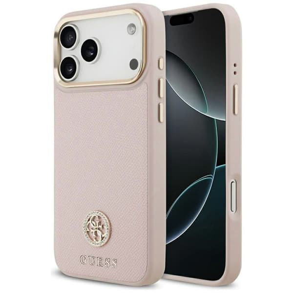 Coque Guess Grained Strass Logo MagSafe för iPhone 17 Pro Max - Rosa Rosa