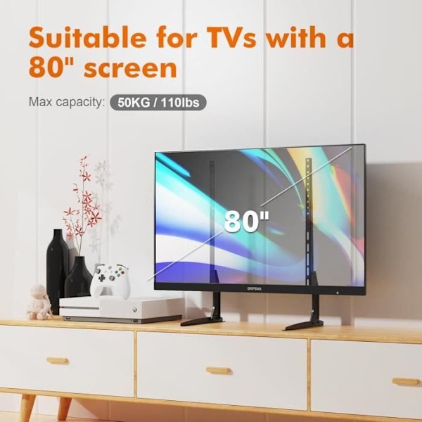 GRIFEMA Benstöds för TV Universell för TV-apparater 22-80, Höjdjusterbar, Stöder upp till 50kg, VESA Max 800x400mm, Lätt installation - Svart