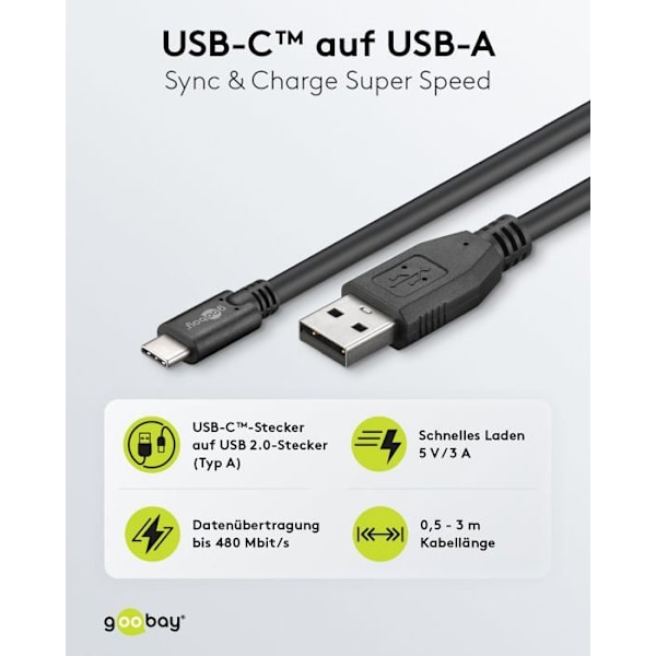 Goobay 55467 USB Type-C-kabel - 0,5 m - USB C till USB A - 2,0 - 480 Mbit/s - Svart