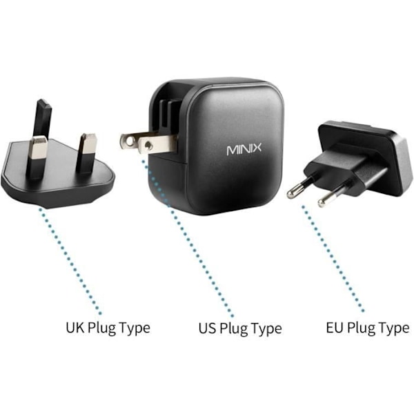 MINIX Universell GaN Laddare med 3 portar Turbo 66W Snabbladdning 2 x USB-C Power Delivery 3.0, 1 x USB-A PD3.0