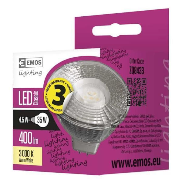 Emos ZQ8433, Varmvit, Transparent, A+, 12 V, 50 Hz