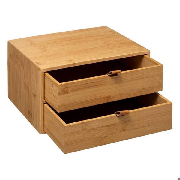 Låda med 2 lådor i bambu och läderremmar beige