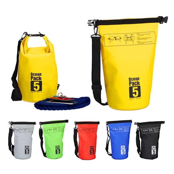 Relaxdays Vattentät påse Ocean Pack 5 liter lätt kompakt utomhus kajak skidåkning sport segling snowboard, gul Gul svart