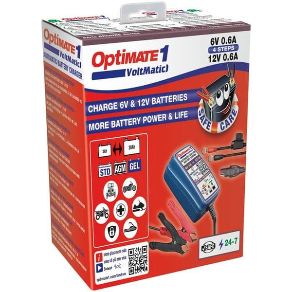 Batteriladdare - OPTIMATE - 1 VOLTMATIC - 6 V och 12 V - AGM/GEL/STD-batterier - Ström 0,6 A blå