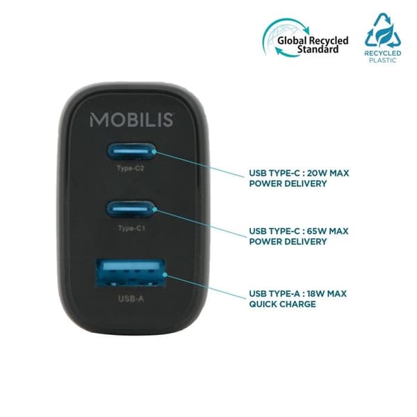 Laddare Sektor 65W GaN 2 USB-C & 1 USB-A, Snabb Laddningsadapter för PC, Surfplatta & Smartphone