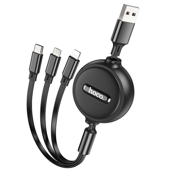 USB-A till Type-C, Lightning, Micro-USB, 2A, 1m - Hoco Double-Pull (X75) - Svart
